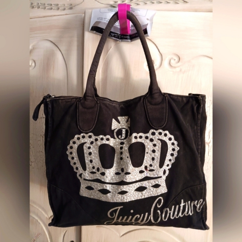 Juicy Couture Black Denim With Silver Ornate Crown Tote Bag